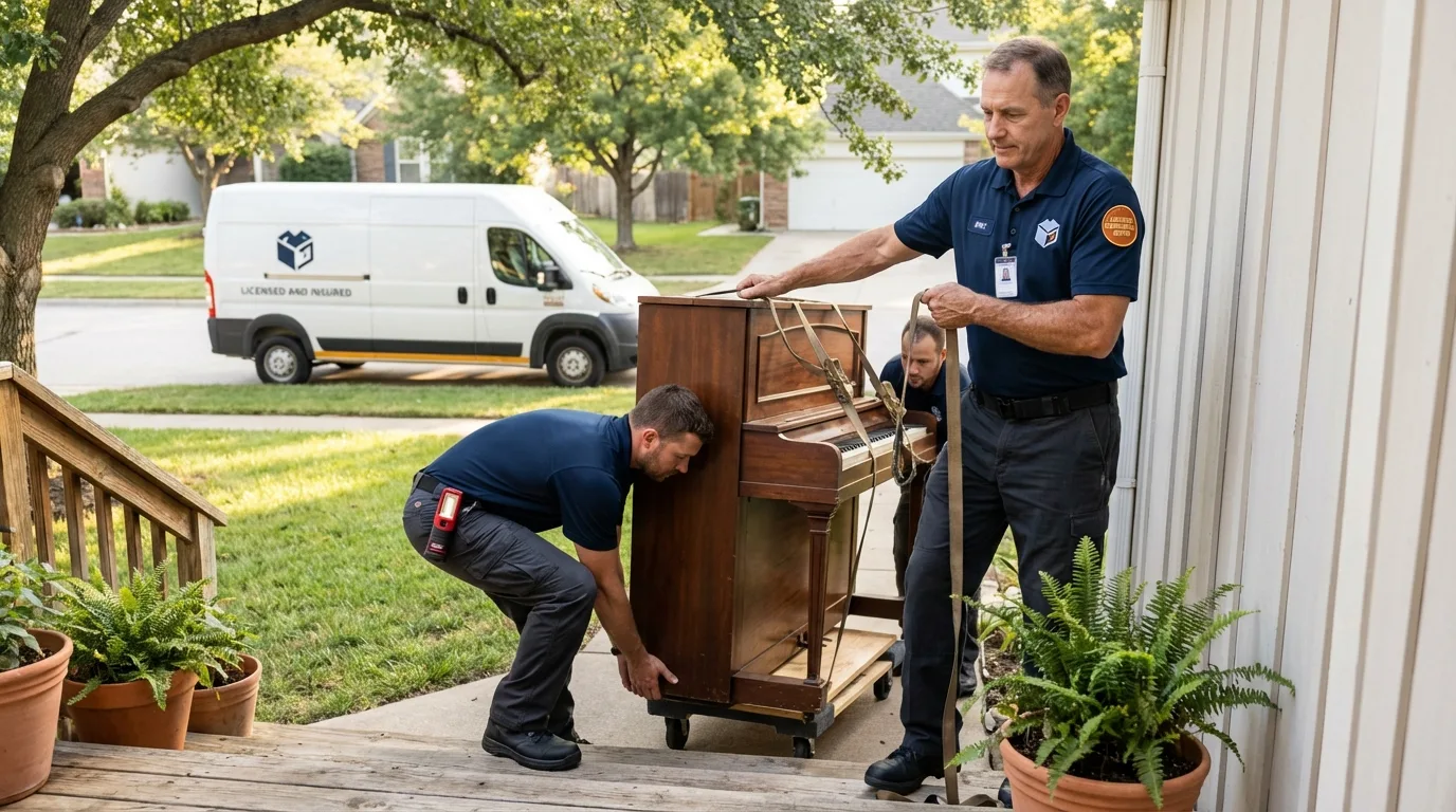 Licensed piano movers securing grand piano in Ogden, KS