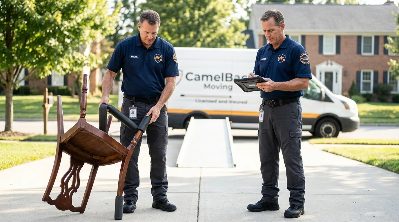 Movers inspecting furniture for damage prevention before loading in Ogden, KS
